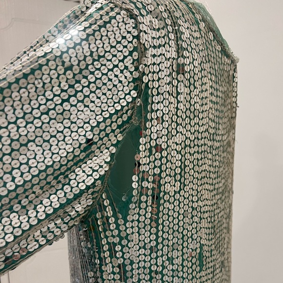 VINTAGE | SEQUIN SILK ART DECO PALM TREE MIAMI TROPICAL SILVER DISCO DRE… - Picture 11 of 15